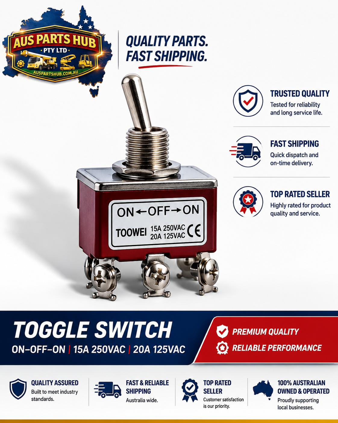 TOOWEI SPST Toggle Switch ON-OFF-ON AC Power Rocker Switch 250V 15A